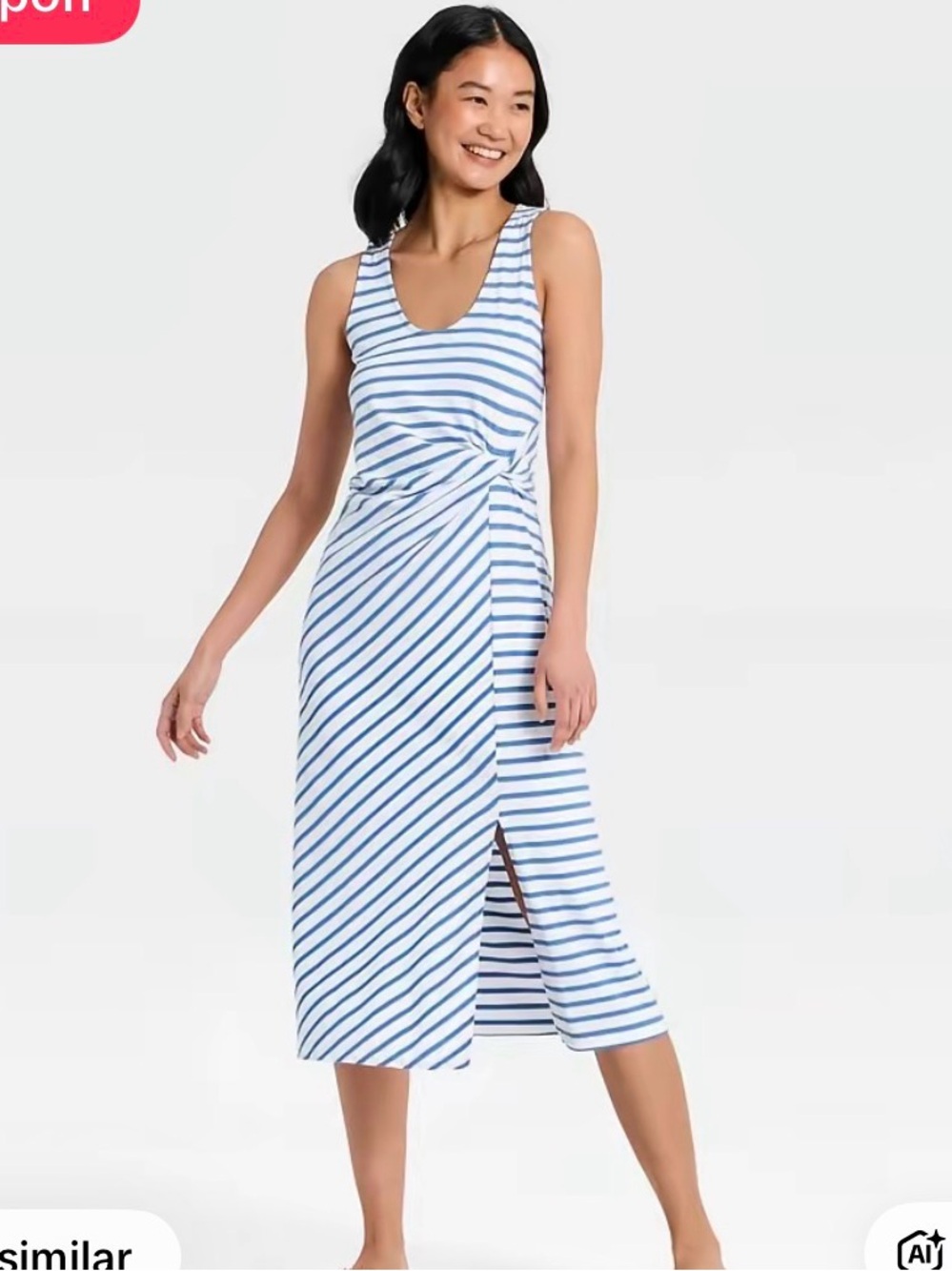 a new day White and Blue Striped Twist-Front Midi Tank Dress
